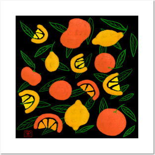 Citrus lemon grapefruit mandarin orange leaves pattern Posters and Art